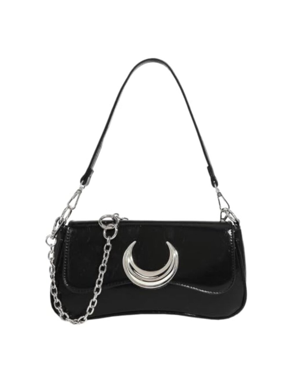 Faux Leather Mini Crossbody Handbag Crescent Moon Silver Hardware